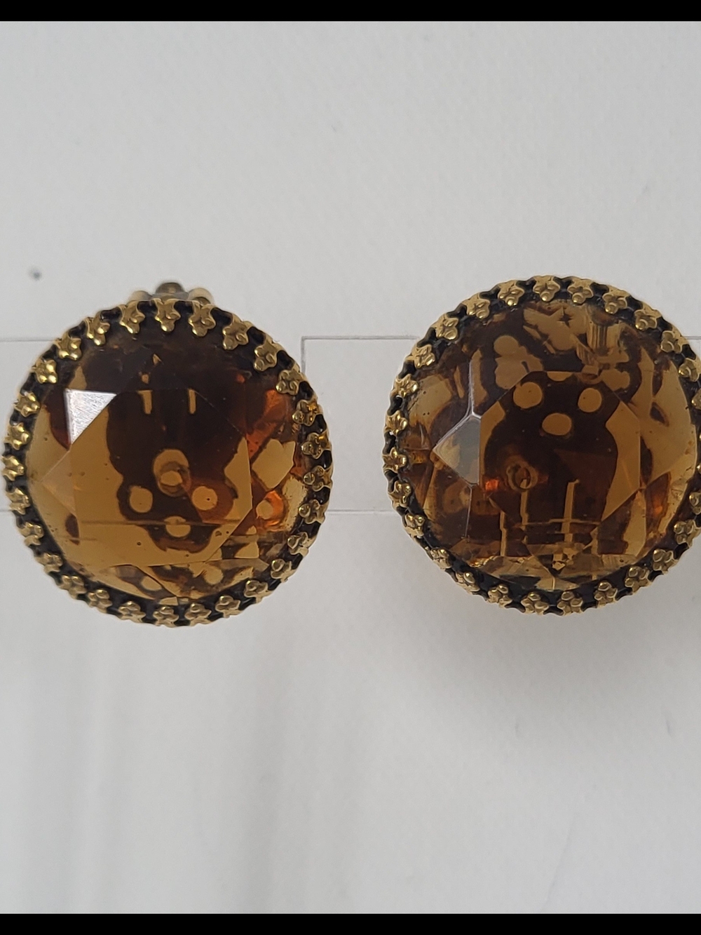 Vintage WEISS Amber Faceted Topaz Glass Crown Setting Earrings